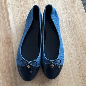 Tory Burch Quilted Denim Cap-Toe Blue Ballet Flats